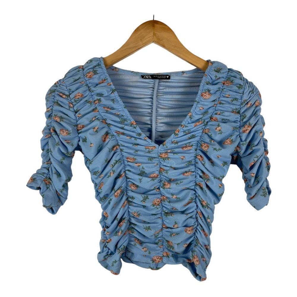 Zara Blue Tulle Floral Print Top Cropped Stretch Size XS 3/4 Sleeves Feminine